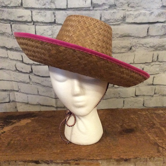 MCM straw tassel Sun hat minimalist garden beach 50s Vintage pink Heirloom chic - Picture 4 of 8